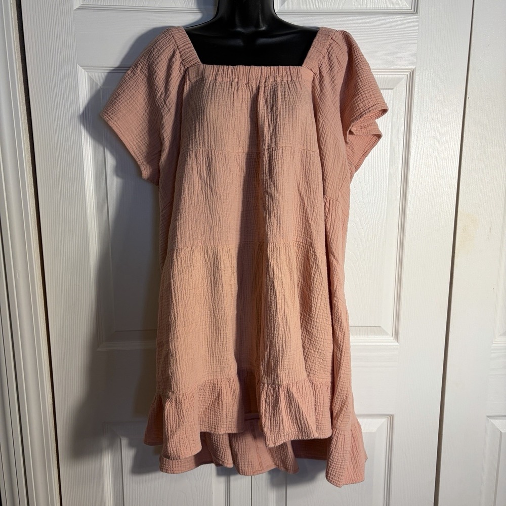 ODDI Cotton Gauze Dress Women 3XL Dusty Rose Pink Square Neck Babydoll Tiered